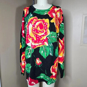 Vtg Lambswool Women Sweater Sz L Soft Dark Floral Cottage Core Sequin Beaded